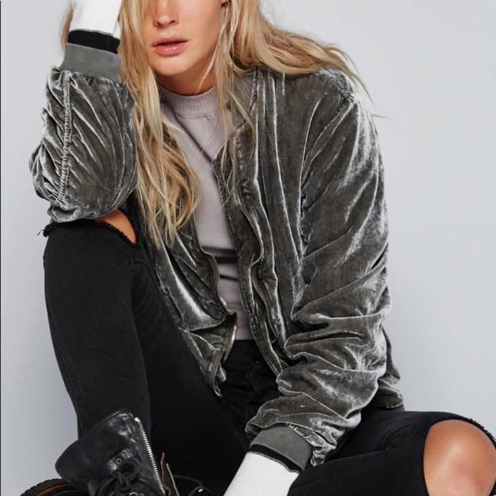 New Free People Velvet Ruched Bomber Jacket